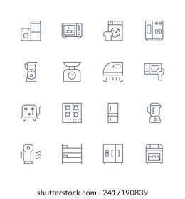 Appliances icon set. Thin line icon. Editable stroke. Containing homeappliance, mixer, toaster, airpurifier, microwave, foodscale, glassceramic, bunkbed, washingmachine, iron, fridge, microwaveoven.