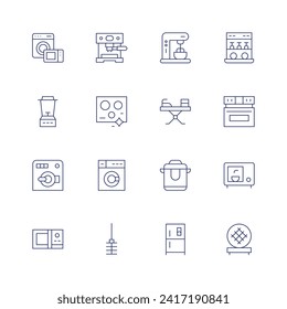 Appliances icon set. Thin line icon. Editable stroke. Containing electronics, blender, washingmachine, microwave, coffeemachine, ceramic, toiletbrush, mixerblender, iron, ricecooker, fridge.