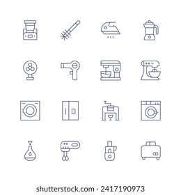 Appliances icon set. Thin line icon. Editable stroke. Containing homeappliances, fan, humidifier, washingmachine, toiletbrush, hairdryer, fridge, mixer, iron, iceshaving, foodprocessor, blender.