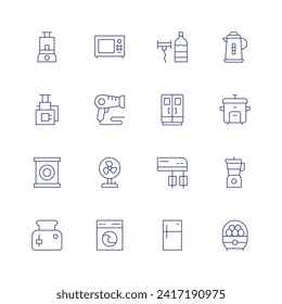 Appliances icon set. Thin line icon. Editable stroke. Containing homeappliances, oven, washingmachine, fan, toaster, microwave, hairdryer, wineopener, fridge, mixer, electrickettle, ricecooker.