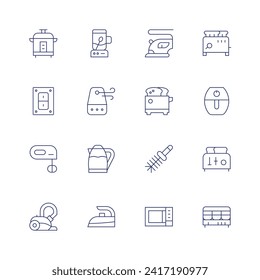 Appliances icon set. Thin line icon. Editable stroke. Containing homeappliances, lightswitch, handmixer, vacuumcleaner, spoon, humidifier, electrickettle, iron, clothesiron, toaster, toiletbrush.