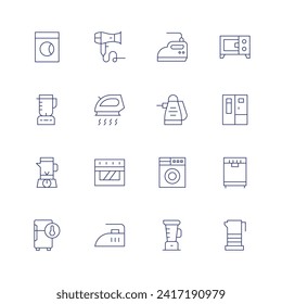 Appliances icon set. Icono de línea delgada. Trazo editable. Consta de aparatos, juicer, mezclador, frigorífico, secador de pelo, plancha, horno, vaporette, lavadora, mezcladora, lavavajillas, lavavajillas, batidora.