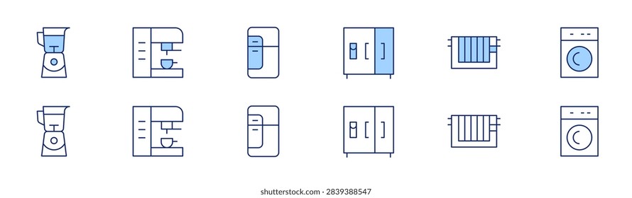 Appliances icon set in two styles, Duotone and Thin Line style. Editable stroke. washingmachine, mixer, coffeemachine, fridge, heater