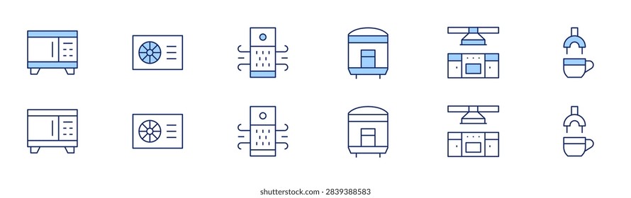 Appliances icon set in two styles, Duotone and Thin Line style. Editable stroke. kitchen, microwave, heatpump, espresso, airpurifier, ricecooker