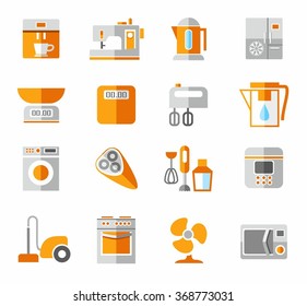 Appliances, icons, colored, and orange. Vector colored icons of home appliances and electronics. 