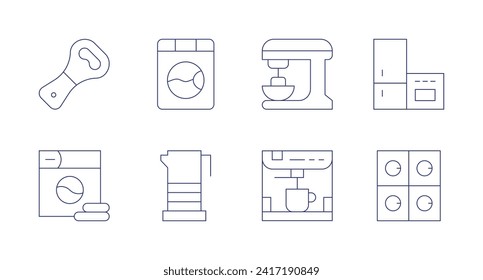 Appliances icons. Editable stroke. Containing washingmachine, mixerblender, coffeemaker, milkfrother, bottleopener, electricalappliances, laundry.