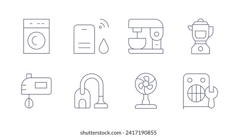 Symbole für Einheiten. Bearbeitbarer Strich. Waschmaschine, Handmischer, Luftbefeuchter, Staubsauger, Mixerblender, Kühlventilator, Mixer, Heizofen.