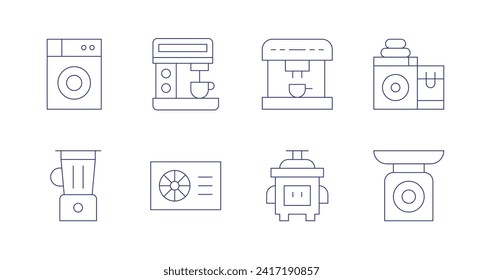 Aplica iconos. Trazo editable. Consta de lavadora, mezcladora, cafetera, bomba de calor, cafetera, lavadora, lavadora, lavadora, lavadora, lavadora y alimentos.