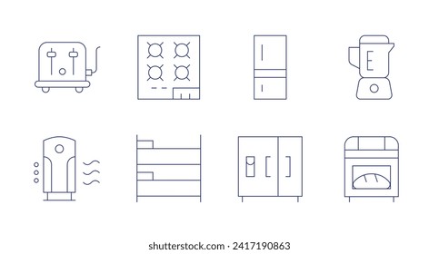 Appliances icons. Editable stroke. Containing toaster, airpurifier, glassceramic, bunkbed, fridge, mixerblender, breadmaker.
