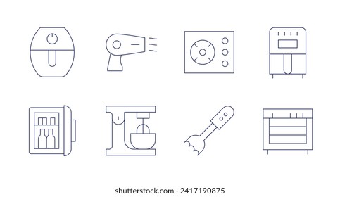 Aplica iconos. Trazo editable. Con minifrigorífico, secador de pelo, mezclador de electricidad, cocina, mezclador, aerofer, deshidratador de alimentos.