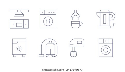 Appliances icons. Editable stroke. Containing kitchen, fridge, dryingmachine, vaccumcleaner, espresso, blender, electrickettle, laundrymachine.