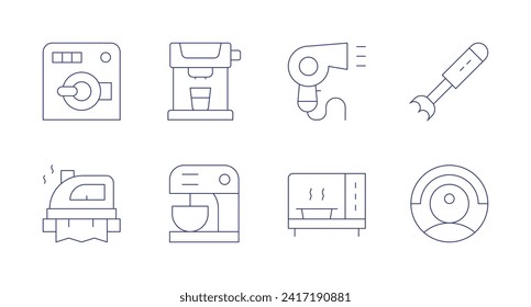 Appliances icons. Editable stroke. Containing ironing, washingmachine, coffeemachine, mixer, hairdryer, microwave, blender, cleaningrobot.