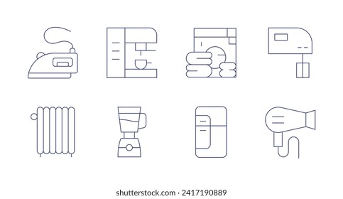 Appliances icons. Editable stroke. Containing iron, heater, electricmixer, coffeemachine, mixer, laundry, fridge, hairdryer.