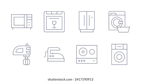 Appliances icons. Editable stroke. Containing homeappliances, mixer, dishwasher, iron, fridge, glassceramic, laundry, smartwashing.