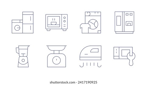 Appliances icons. Editable stroke. Containing homeappliance, mixer, microwave, foodscale, washingmachine, iron, fridge, microwaveoven.