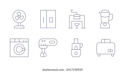 Aplica iconos. Trazo editable. Con ventilador, frigorífico, mezclador, helado, procesador de alimentos, licuadora, lavadora, tostadora.