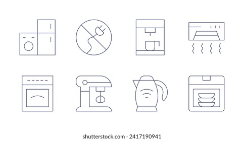 Appliances icons. Editable stroke. Containing electricappliance, oven, off, blender, coffeemaker, electrickettle, airconditioner, dishwasher.