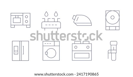 Appliances icons. Editable stroke. Containing oven, smartrefrigerator, stove, laundry, iron, scale, sousvidemachine.