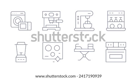 Appliances icons. Editable stroke. Containing electronics, blender, coffeemachine, ceramic, mixerblender, iron, dishwasher, oven.
