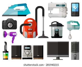 appliances icons. set of elements - iron, vacuum cleaner, sewing machine, mobile phone, photo camera, dryer, blender, music center, computer, PC, TV, mixer, microwave oven