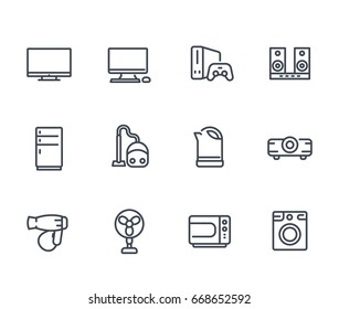 Appliances icons set, linear style, consumer electronics vector pictograms isolated on white