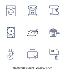 Appliances icons set. Thin Line style, editable stroke. washingmachine, iron, coffeemachine, pressurecooker, electricmixer, mixer, scale, foodprocessor