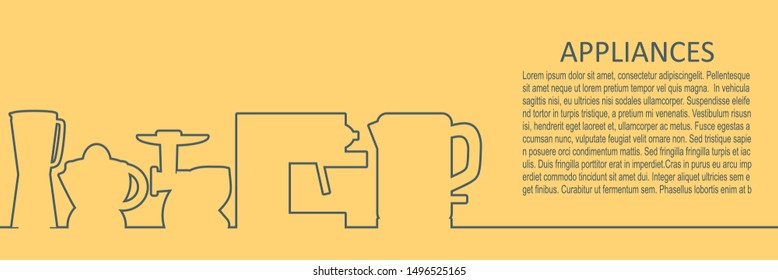 Appliances icons. Vector set of domestic electric machines. Horizontal thin line style web banner.