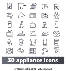 Appliances icons: vector set of domestic electric machines. Outline series.