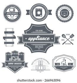 appliances label template of emblem element for your product or design, web and mobile applications with text. Vector illustration with thin lines isolated icons on stamp symbol. 