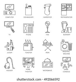 Appliances line icon set. Collection of vector symbols on the topic of home electronic devices. 16 line elements in format EPS 10 for design of website, company's visit card, logo and etc. 