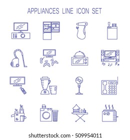 Appliances line icon set. Collection of vector symbols on the topic of home electronic devices. 16 line elements in format EPS 10 for design of website, company's visit card, logo and etc. 