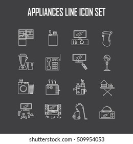 Appliances line icon set. Collection of vector symbols on the topic of home electronic devices. 16 line elements in format EPS 10 for design of website, company's visit card, logo and etc. 