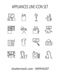 Appliances line icon set. Collection of vector symbols on the topic of home electronic devices. 16 line elements in format EPS 10 for design of website, company's visit card, logo and etc. 