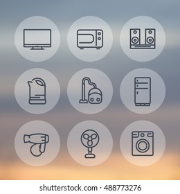 Appliances line icons set, microwave oven, vacuum cleaner, kettle, tv, fan, fridge, hairdryer, washing machine