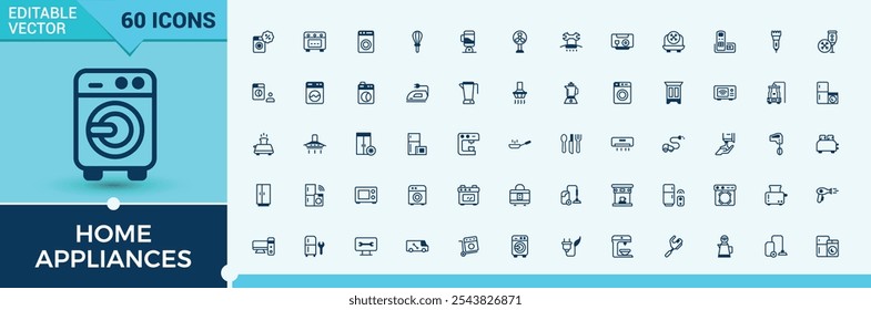 Appliances linear icon collection. Includes icons for blender, outline, vacuum, fridge, dryer, boiler and more. Perfect for logos and infographics. Editable vector icon and illustration.