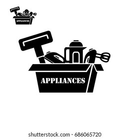 Appliances logo, icon, emblem, sticker. Electric kettle, vacuum cleaner, mixer, iron