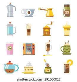 Appliances Make Coffee Accessories Cup Glass Pot Spoon Icons Isolated Set Vector Illustration