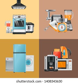 Appliances realistic. Home electrical equipment refrigerator washing machine microwave blender mixer hood gas stove vector collection. Equipment stove and microwave, coffee machine illustration