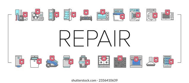 Appliances Repair Maintenance Icons Set Vector. Broken Refrigerator And Freezer, Air Conditioner And Wine Cooler Domestic Appliances Repair Service Line. Fixing Equipment Color Illustrations