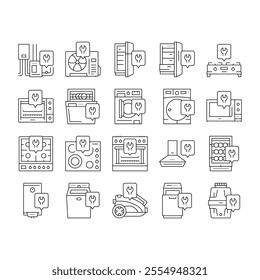 Appliances Repair Maintenance Icons Set Vector. Broken Refrigerator And Freezer, Air Conditioner And Wine Cooler Domestic Appliances Repair Service Black Contour Illustrations