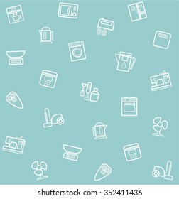 Appliances, seamless pattern, blue-gray. Vector, blue-gray, seamless background with icons of household appliances and electrical appliances. 