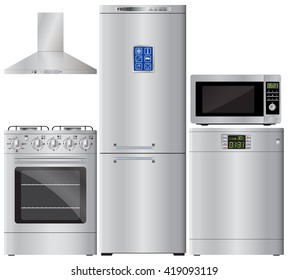 Appliances. Set of household appliances. Refrigerator, stove, dishwasher, microwave, extractor hood. Kitchen hood. Gas cooker. Vector image.