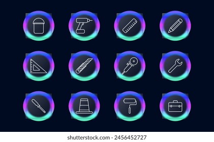 Icono de Conjunto de dispositivos. Cubo, taladro, Regla, lápiz, llave, Regla de esquina, caja de herramientas, accesorios, esposo por una hora, rodillo, cono, destornillador, instrumento, aparejo, morfismo de vidrio. Implementar el concepto.