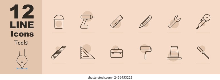 Icono de Conjunto de dispositivos. Cubo, taladro, Regla, lápiz, llave, Regla de esquina, caja de herramientas, accesorios, esposo por una hora, rodillo, cono, destornillador, instrumento, aparejo, herramientas. Implementar el concepto.