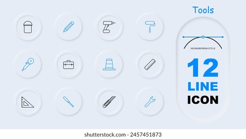 Icono de Conjunto de dispositivos. Cubo, taladro, Regla, lápiz, llave, Regla de esquina, caja de herramientas, accesorios, esposo por una hora, rodillo, cono, destornillador, instrumento, aparejo, neomorfismo. Implementar el concepto.