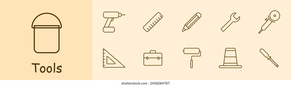 Appliances set icon. Bucket, drill, ruler, pencil, wrench, corner ruler, tool box, roller, cone, screwdriver, instrument, tackle, tools. Implement concept.