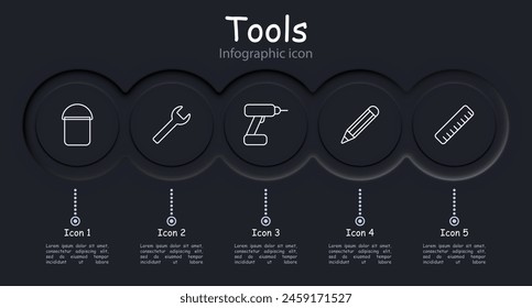 Appliances set icon. Bucket, drill, ruler, pencil, wrench, corner ruler, tool box, roller, cone, screwdriver, instrument, tackle, tools, infographic, neomorphism. Implement concept.