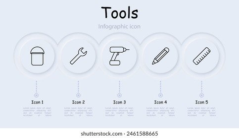 Appliances set icon. Bucket, drill, ruler, pencil, wrench, corner ruler, tool box, roller, cone, screwdriver, instrument, tackle, tools, infographic, neomorphism. Implement concept.