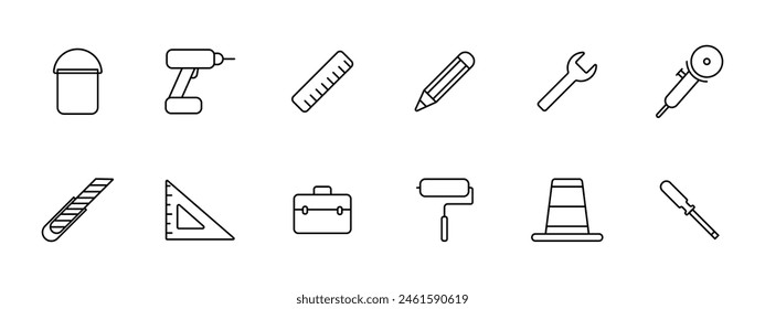 Appliances set icon. Bucket, drill, ruler, pencil, wrench, corner ruler, tool box, roller, cone, screwdriver, instrument, tackle, tools. Implement concept.