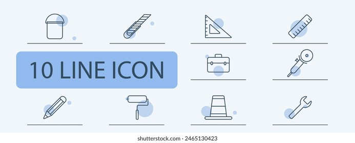 Appliances set icon. Bucket, drill, ruler, pencil, wrench, corner ruler, tool box, roller, cone, screwdriver, instrument, tackle, tools. Implement concept.